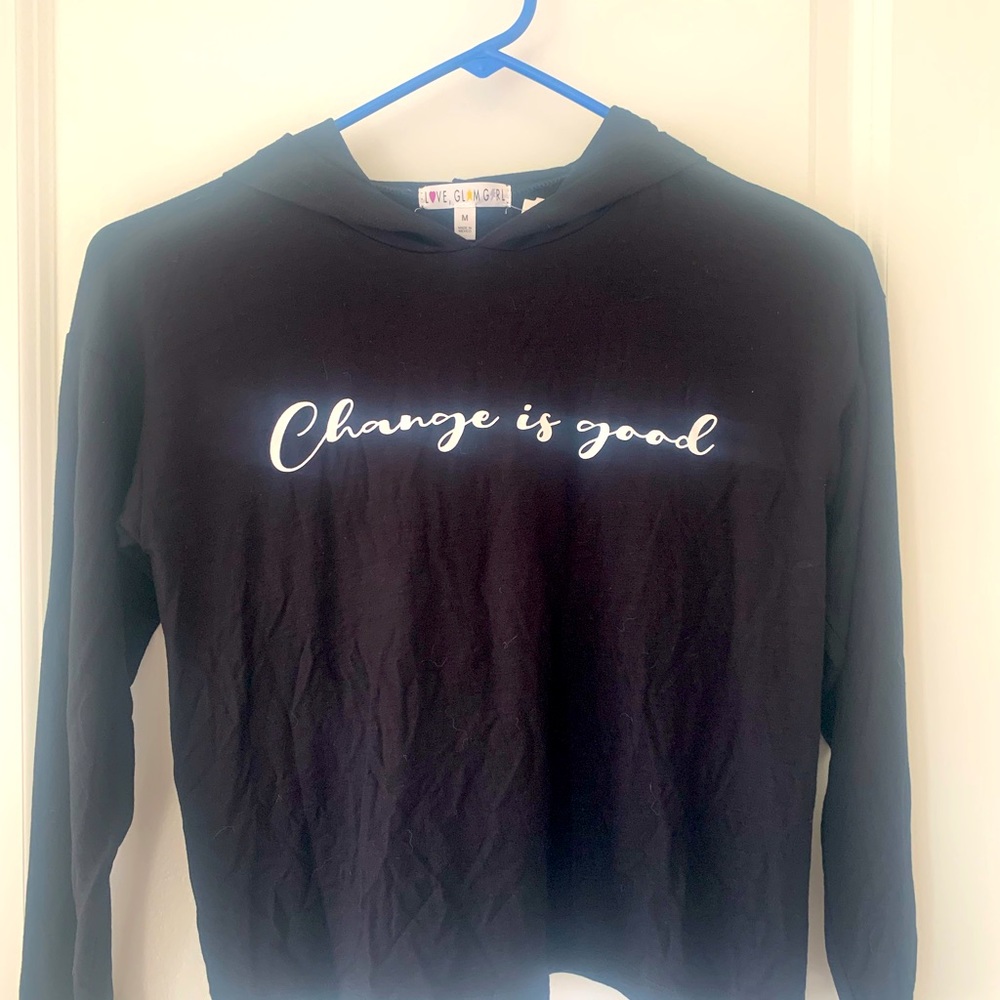 New girl size M black long sleeve hooded graphic tee.